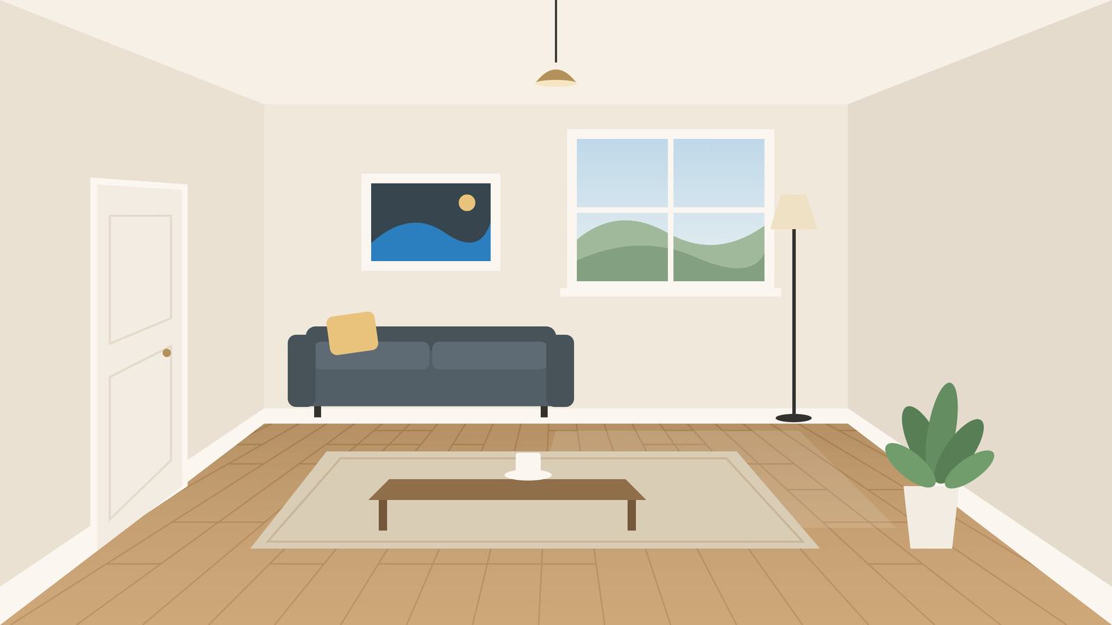 Illustration: the same living room after repairs, with new floor, fresh paint and furniture