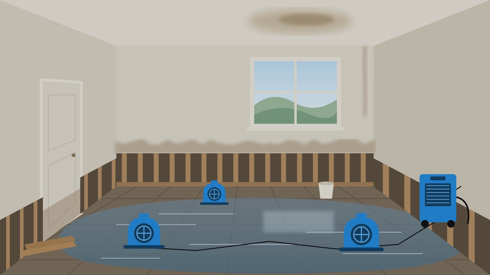 Illustration: flooded living room with drywall cut out and drying equipment running
