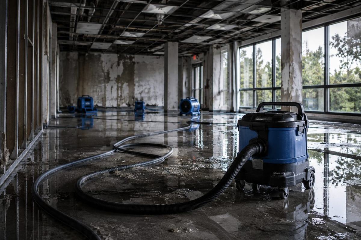 Flooded office floor with a water extractor pulling out standing water