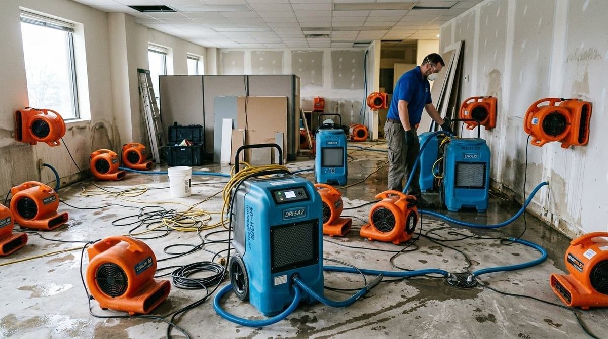 Dehumidifiers and air movers drying a room with the lower drywall cut out